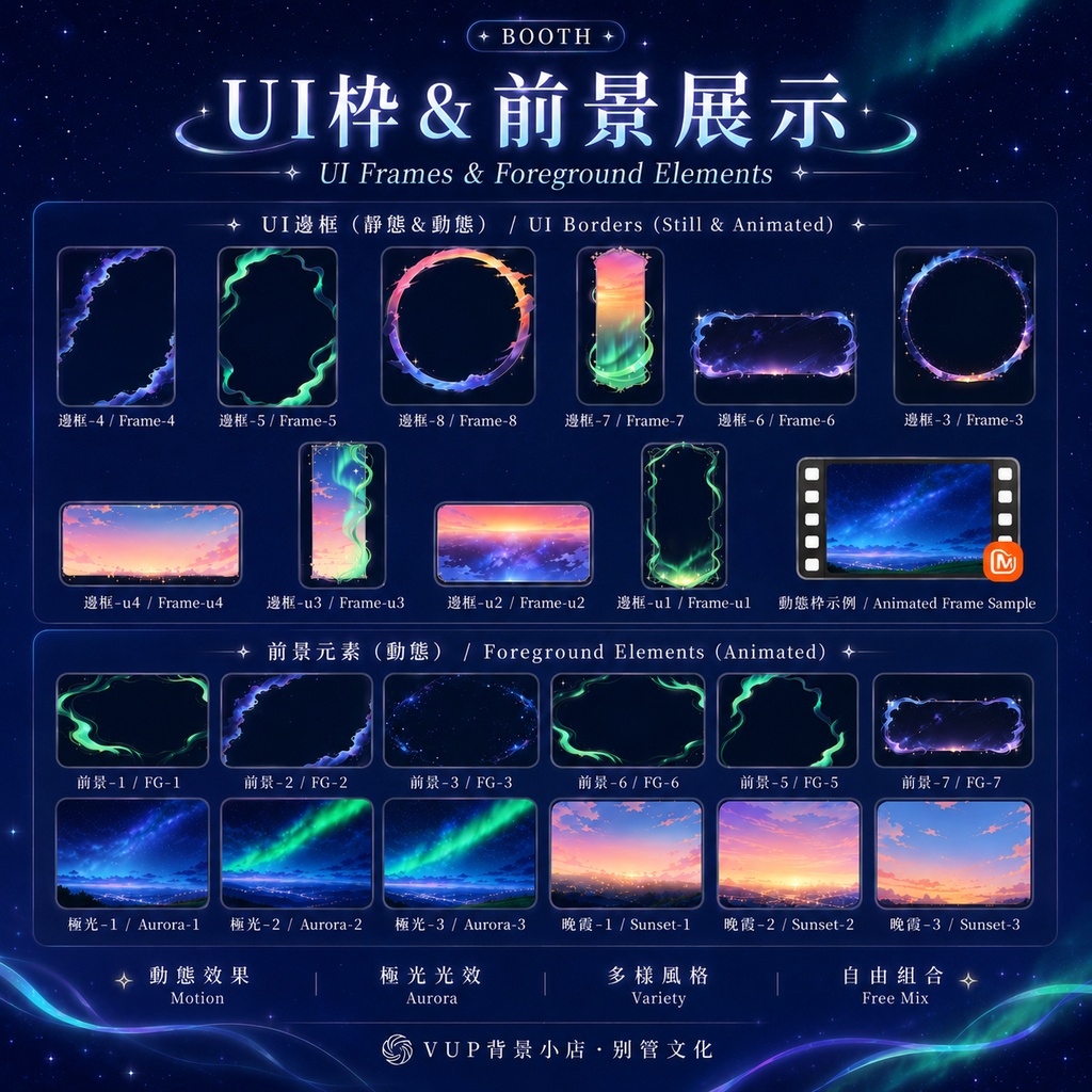 【星穹原野|Celestial Meadow】Vtuber・VUP用 動く背景素材セット|星空・夕焼け・オーロラ|Shoostフィルター・UI枠・前景素材付き