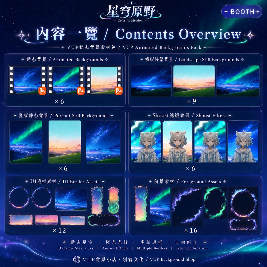 【星穹原野|Celestial Meadow】Vtuber・VUP用 動く背景素材セット|星空・夕焼け・オーロラ|Shoostフィルター・UI枠・前景素材付き