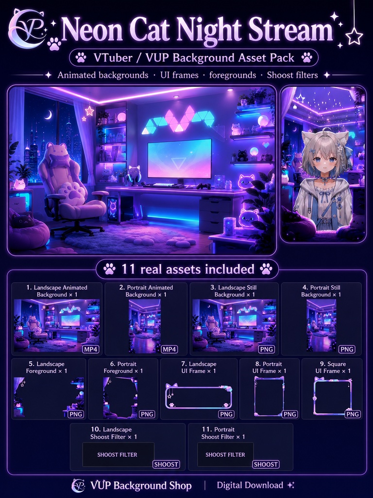【動く背景】♡ ネオンキャットナイトライブ背景 ♡ きらめくネオンと秘密の猫ささやき|VTuber向け配信素材