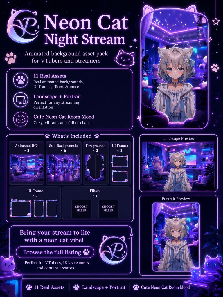 【動く背景】♡ ネオンキャットナイトライブ背景 ♡ きらめくネオンと秘密の猫ささやき|VTuber向け配信素材