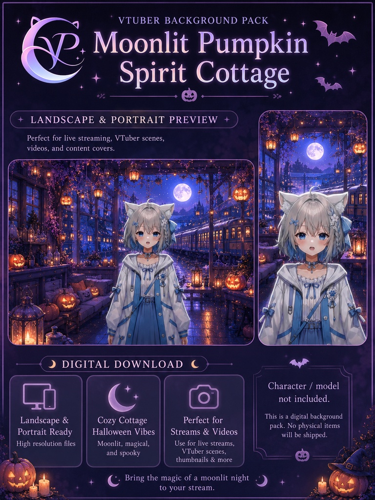 【動く背景】♡ 月夜の夢 南瓜の霊屋敷 ♡ 月明かりに浮かぶかぼちゃランタンの幻想的な世界|VTuber向け配信背景素材