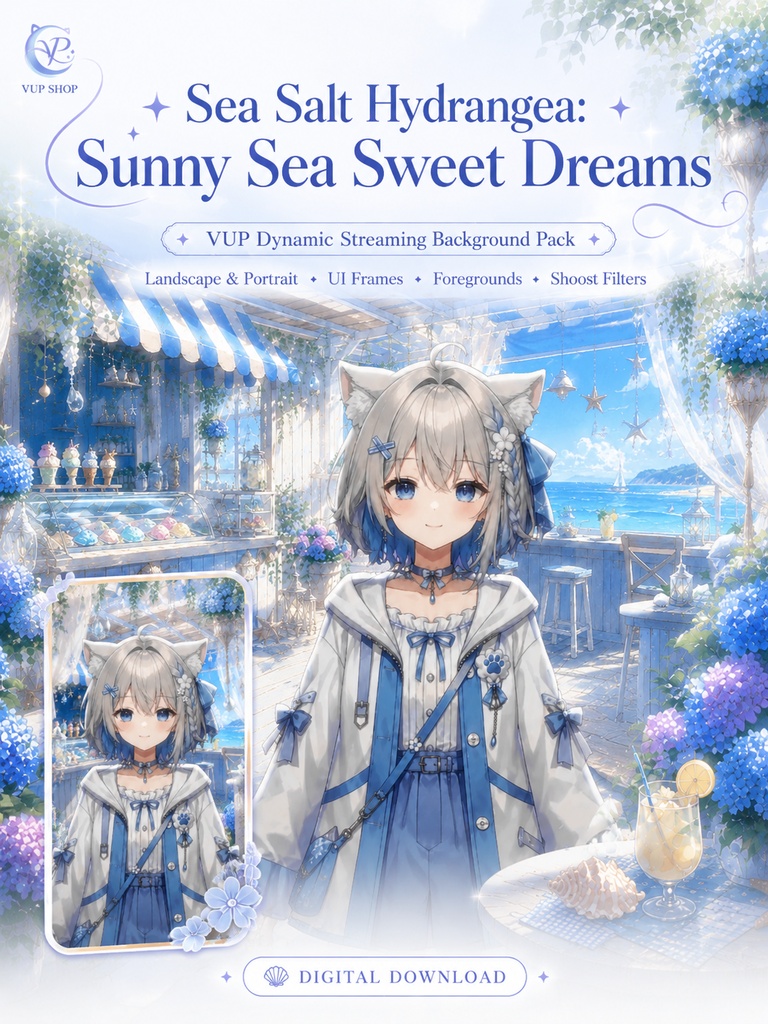 【動く背景】♡ 海塩あじさい~晴海の甘い夢~ ♡ 波に揺れる花びらと光の魔法|VTuber向け配信背景素材