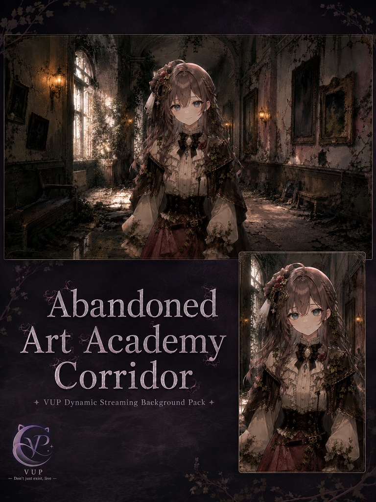 【動く背景】♡ 廃墟美術学院の廊下 ♡ 風化した石壁×暖色照明×蔓が絡むゴシック廃墟|VTuber配信背景素材