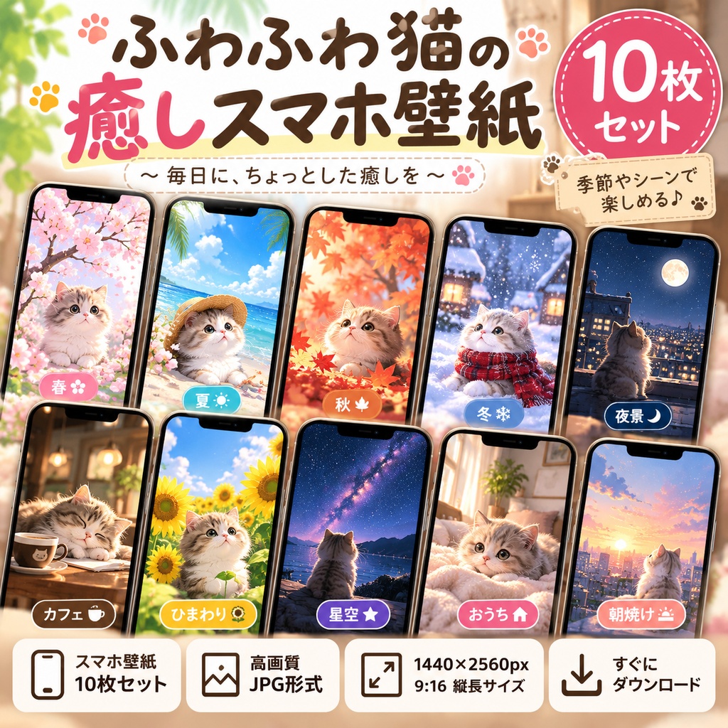 「ふわふわ猫の癒しスマホ壁紙｜10枚セット」