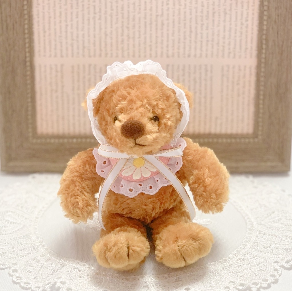ピンクドットの花刺繍スタイ&ヘッドドレス