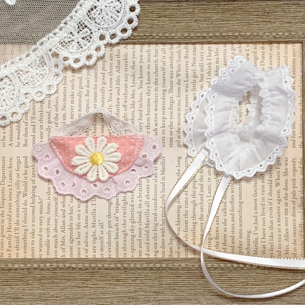 ピンクドットの花刺繍スタイ＆ヘッドドレス
