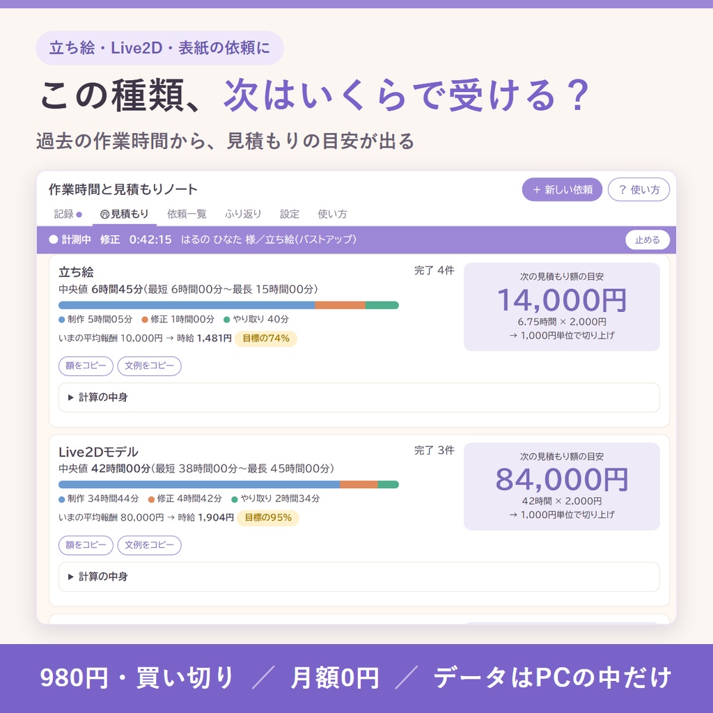 作業時間の記録から次の見積もり額の目安を出す｜依頼の種類ごとの作業時間・時給・修正にかかった時間（イラスト・Live2D・立ち絵）