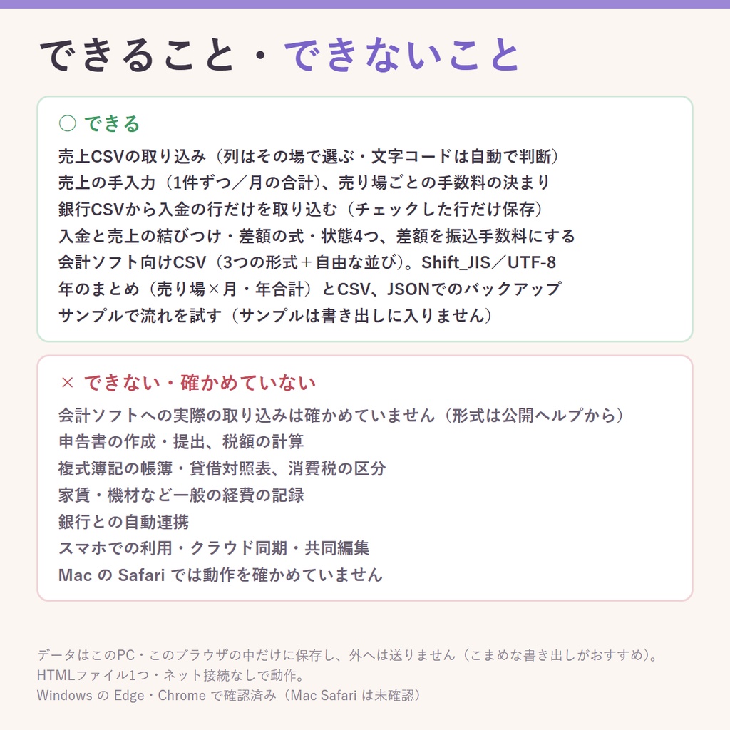 入金と売上が合わない、を差額まで片づける|売り場ごとの売上を総額・手数料・源泉に分けて口座の入金と突き合わせ、会計ソフト用CSVに(同人・絵師・VTuber)