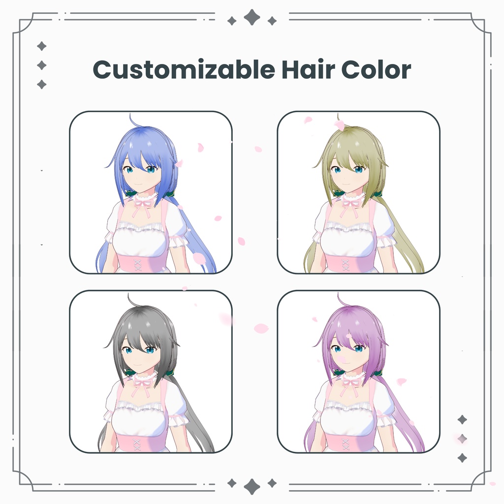 【VRoid】シュシュ付きツインテール&ミディアムバング +特典アクセ / Cute Twintails & Medium Bangs + Bonus Hair Accessories
