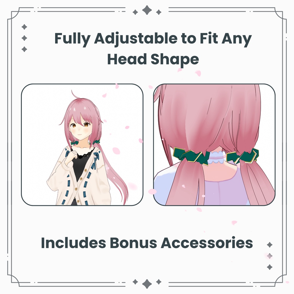 【VRoid】シュシュ付きツインテール&ミディアムバング +特典アクセ / Cute Twintails & Medium Bangs + Bonus Hair Accessories