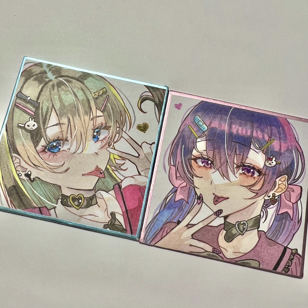 地雷系風女の子 2枚セット手描きイラスト色紙