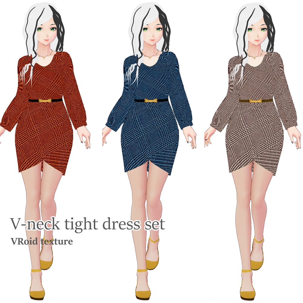 VRoid Vネックタイトワンピセット(7色)長袖