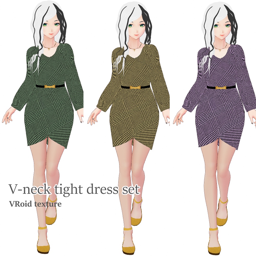 VRoid Vネックタイトワンピセット(7色)長袖