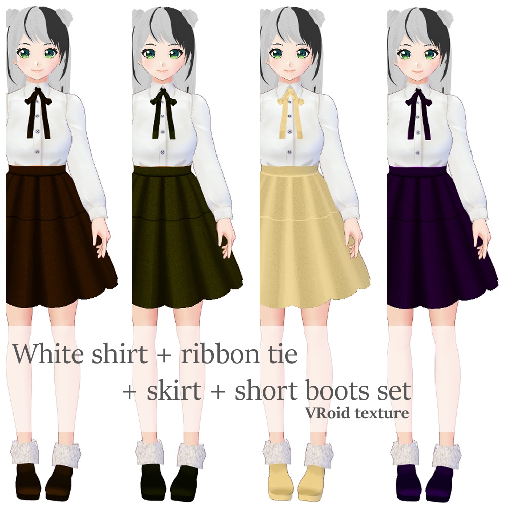 VRoid 白シャツ+リボンタイ+スカート+ショートブーツセット