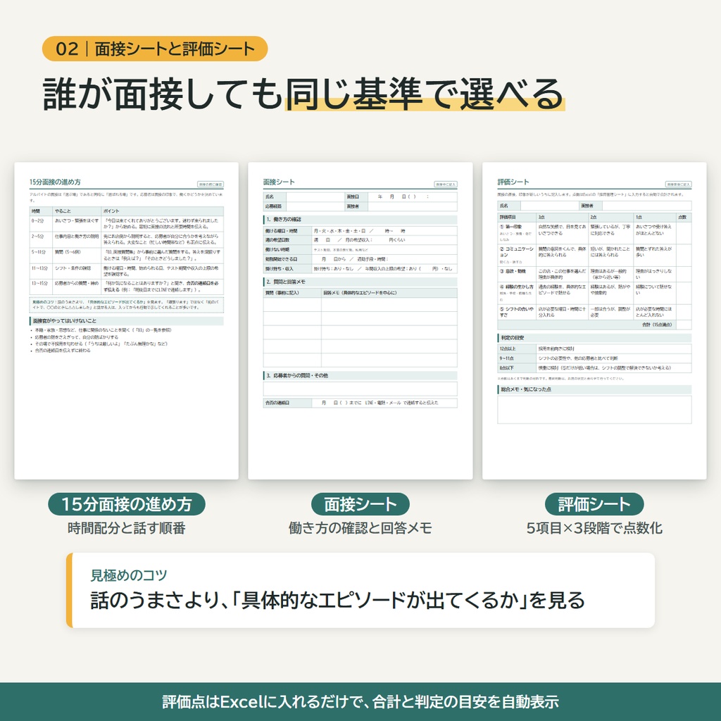 【応募が来る・ミスマッチを防ぐ】店長のための採用&面接テンプレパック(求人原稿/面接シート/質問40/採用管理Excel)