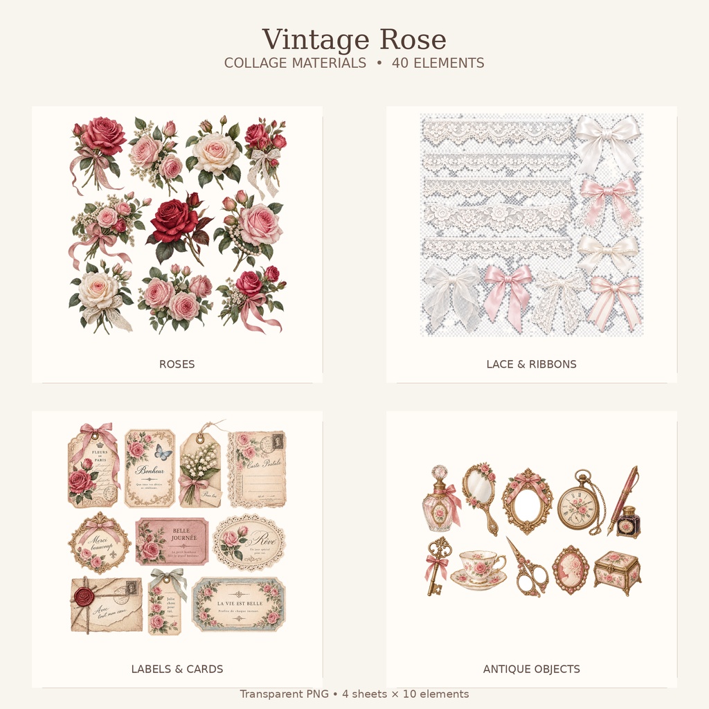 Vintage Rose コラージュ素材 40点セット｜薔薇・レース・ラベル・アンティーク