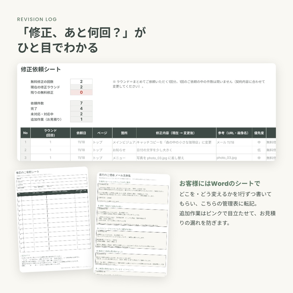 Web制作の進行スケジュール表&修正依頼シート|営業日で自動計算・修正回数管理・メール文例8本(Excel/Googleスプレッドシート)