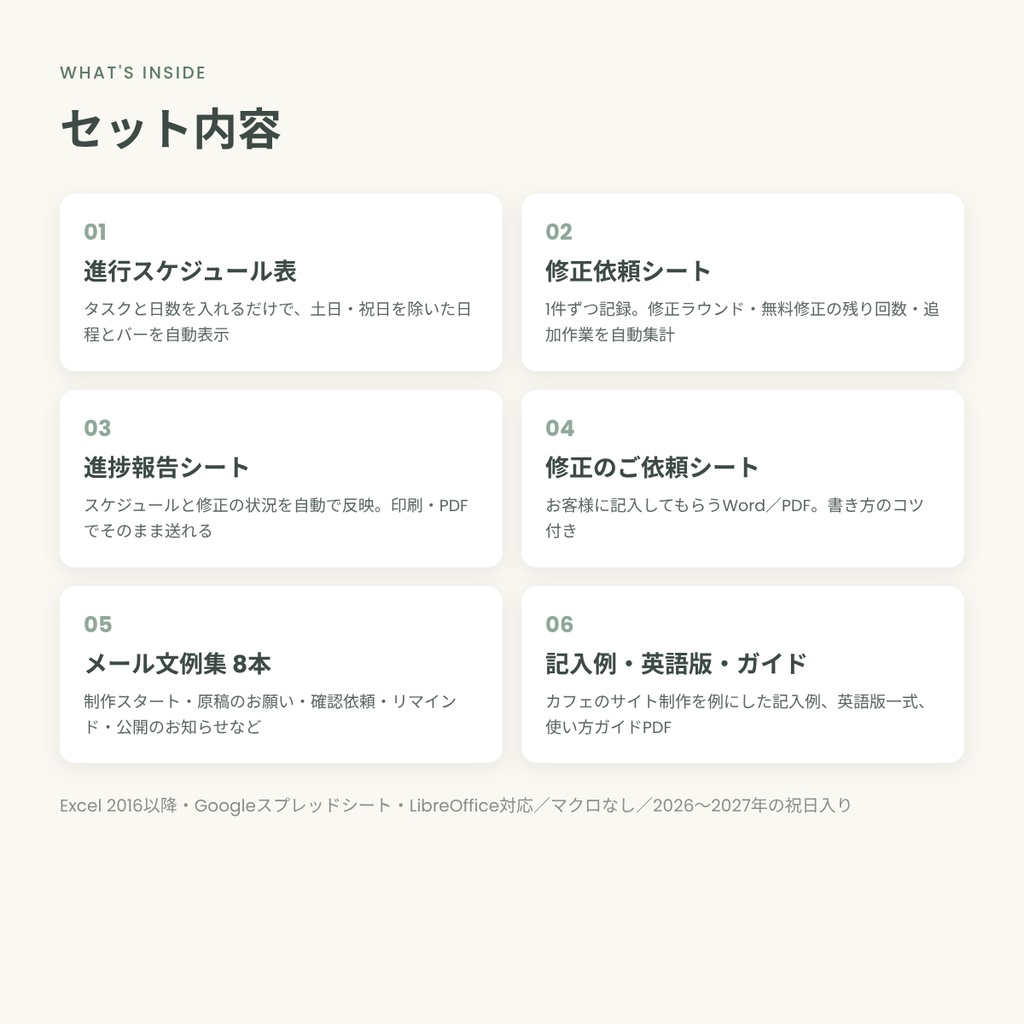 Web制作の進行スケジュール表&修正依頼シート|営業日で自動計算・修正回数管理・メール文例8本(Excel/Googleスプレッドシート)