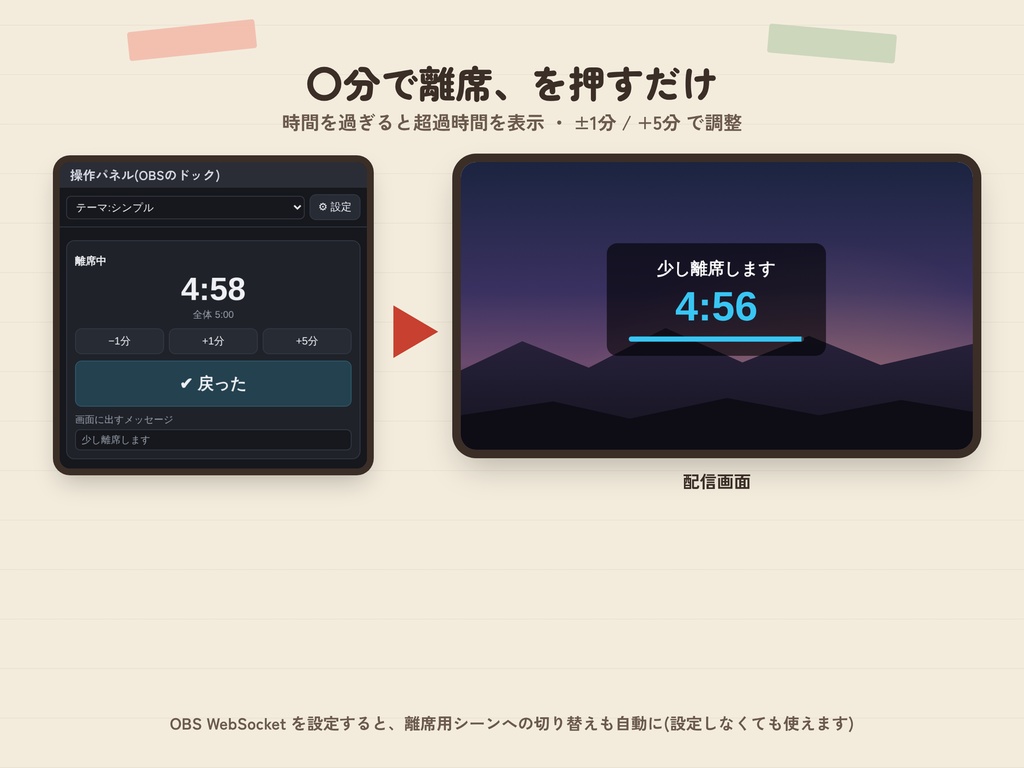 【OBS】離席タイマー|「〇分で戻ります」をボタン1つで表示【かんたん導入】