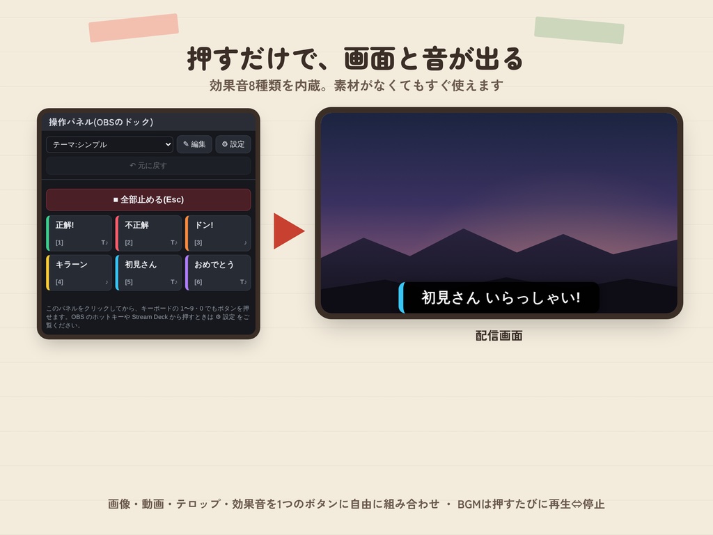 【OBS】ポン出し|カットイン・テロップ・効果音・BGMをボタン1つで・Stream Deck対応【無料お試し版あり】