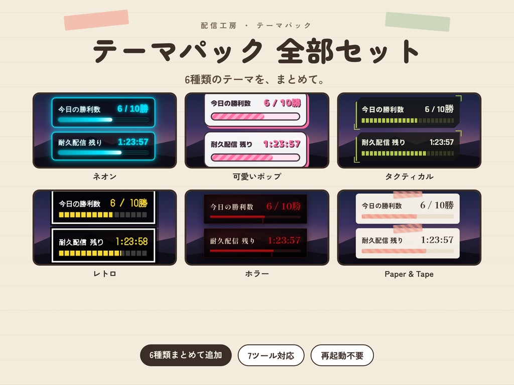 【配信工房】テーマパック 全部セット(6種類)|ネオン・ポップ・タクティカル・レトロ・ホラー・Paper&Tape【初回セール】