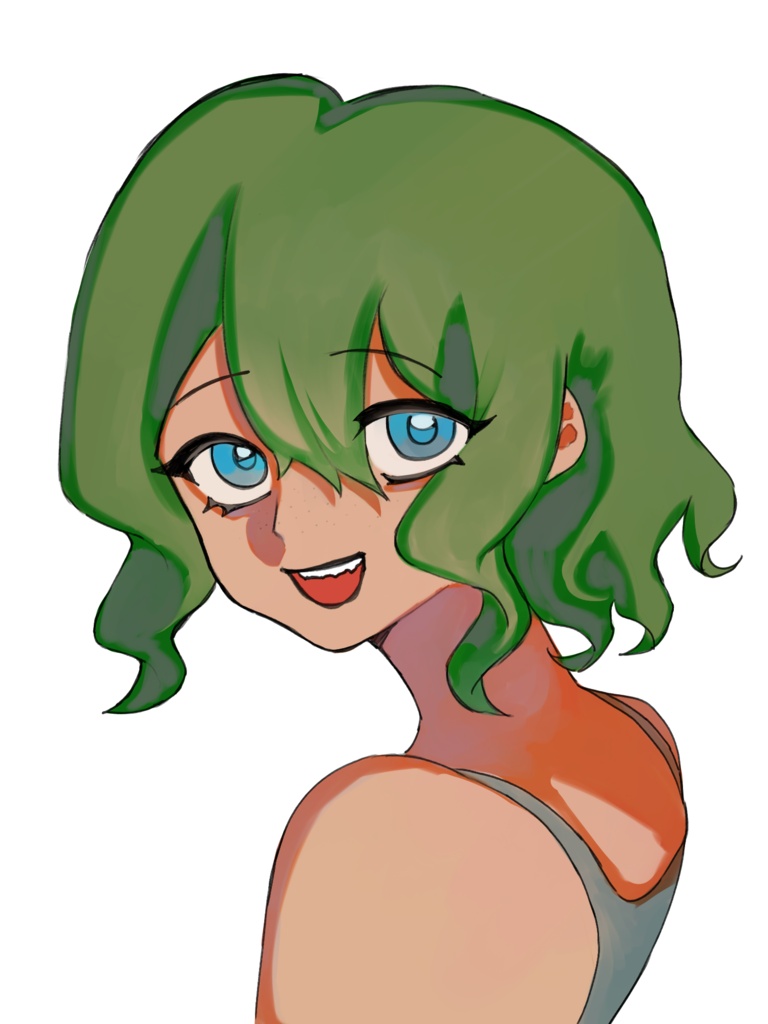 立ち絵素材＿ノースリーブ緑髪そばかす女の子
