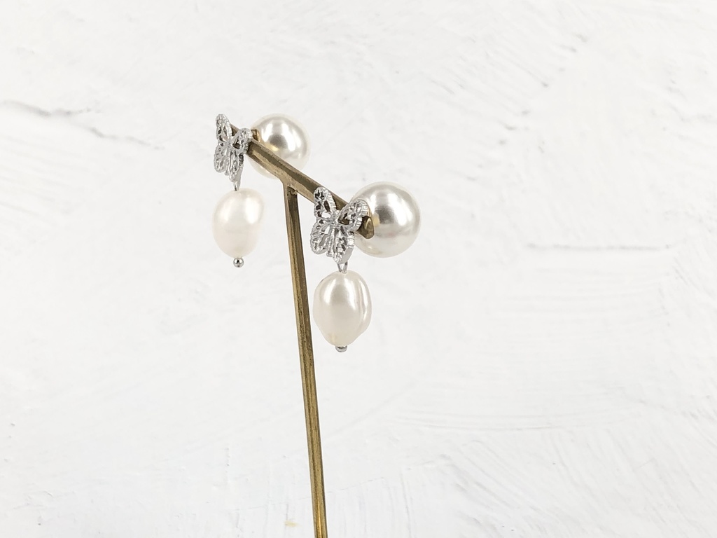 シルバー蝶々と淡水パールのパールキャッチピアス K16GP