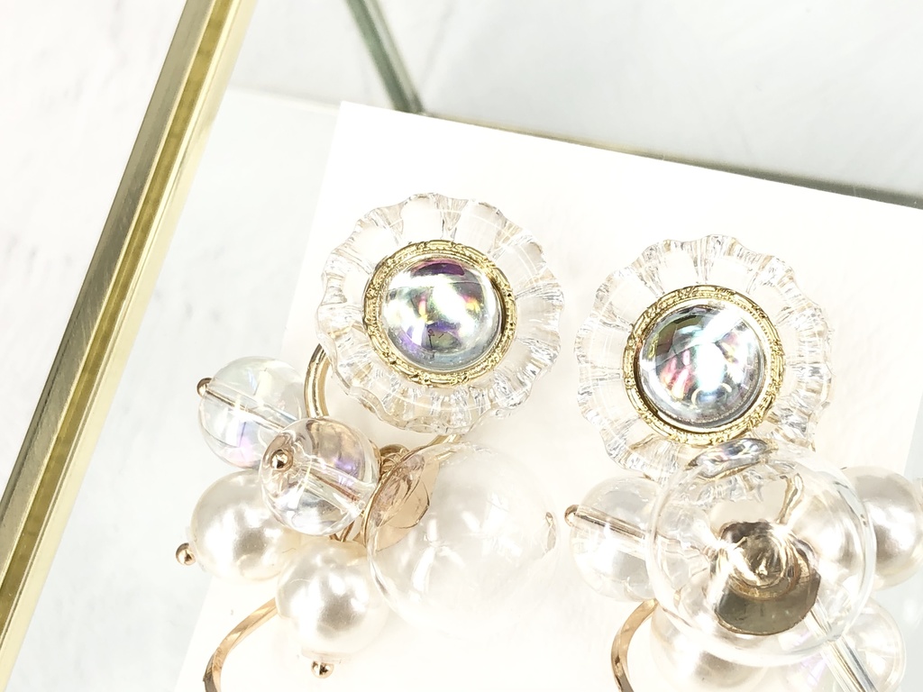 シャボン玉フラワーボタンとガラス玉のパールピアス イヤリング 2way