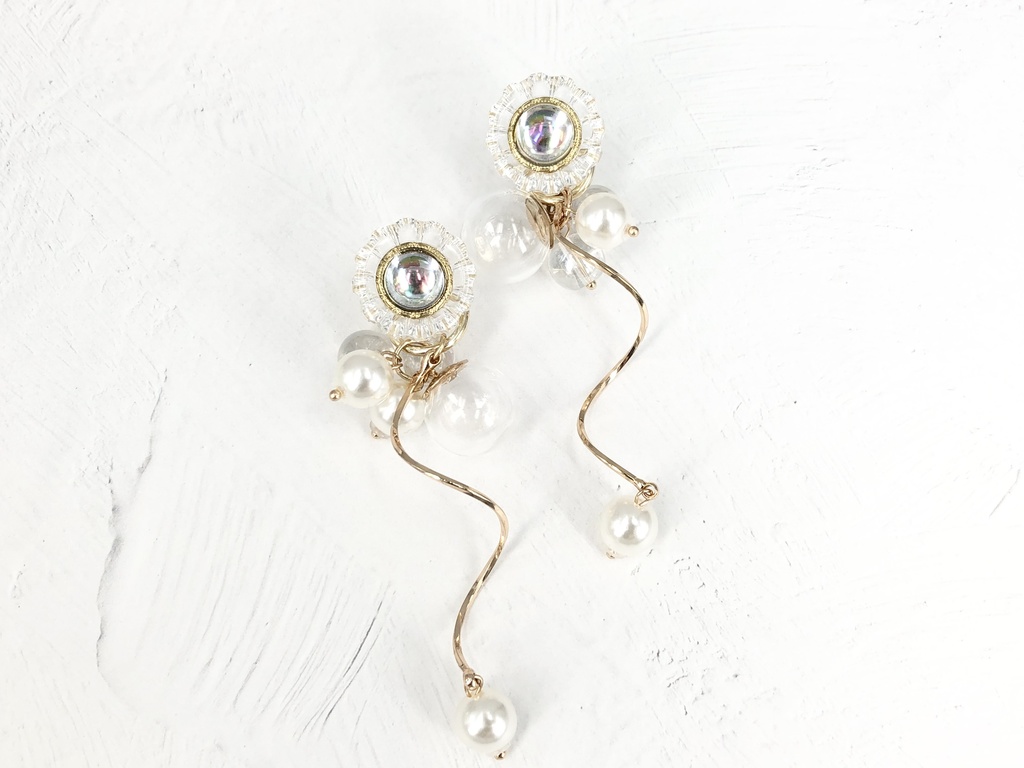 シャボン玉フラワーボタンとガラス玉のパールピアス イヤリング 2way