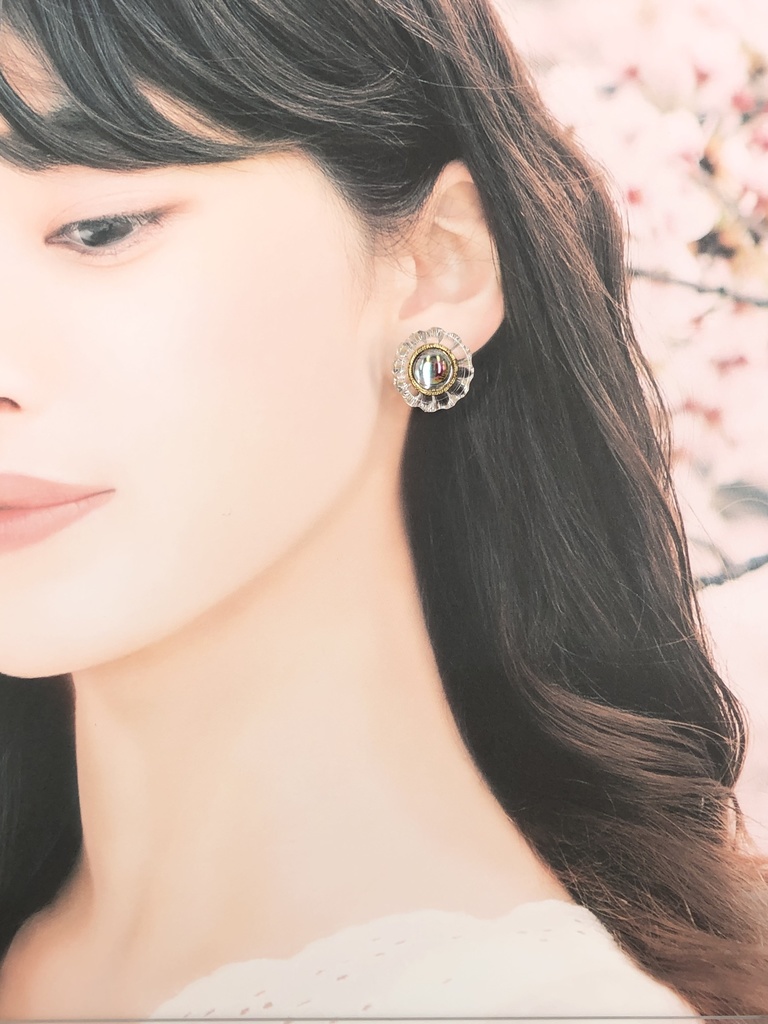 シャボン玉フラワーボタンとガラス玉のパールピアス イヤリング 2way