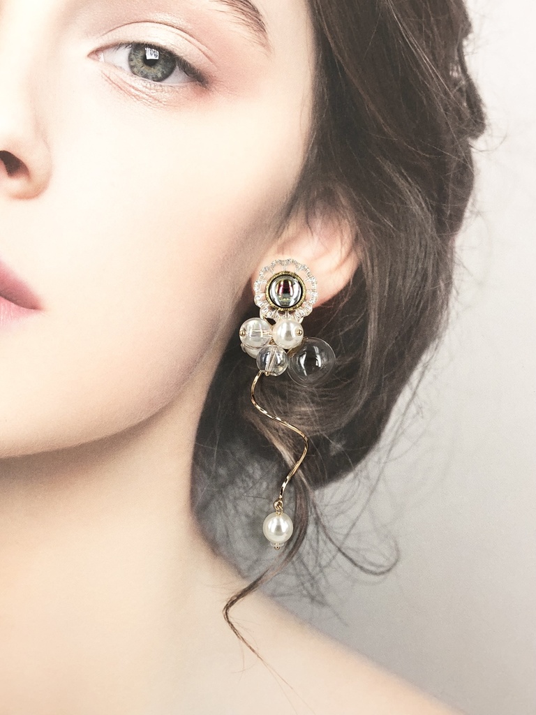 シャボン玉フラワーボタンとガラス玉のパールピアス イヤリング 2way