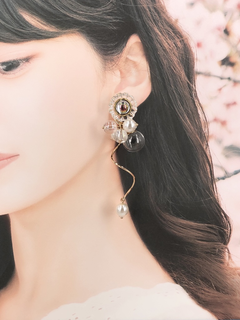 シャボン玉フラワーボタンとガラス玉のパールピアス イヤリング 2way