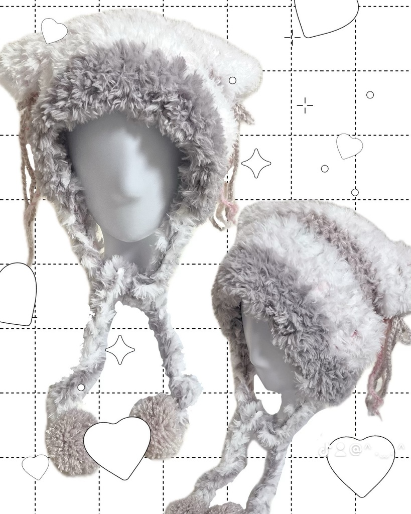 猫耳ニット帽【White×Gray×Pink】