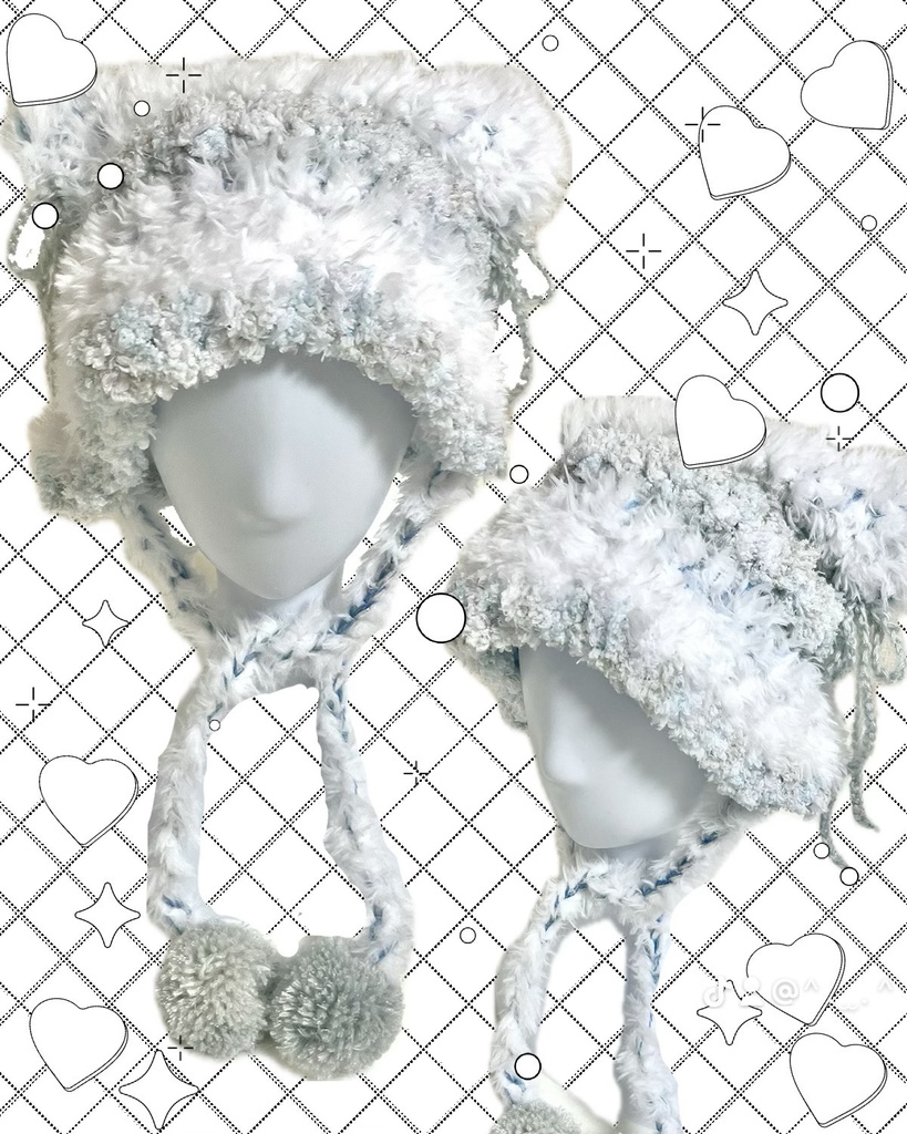 猫耳ニット帽【White×Light blue】