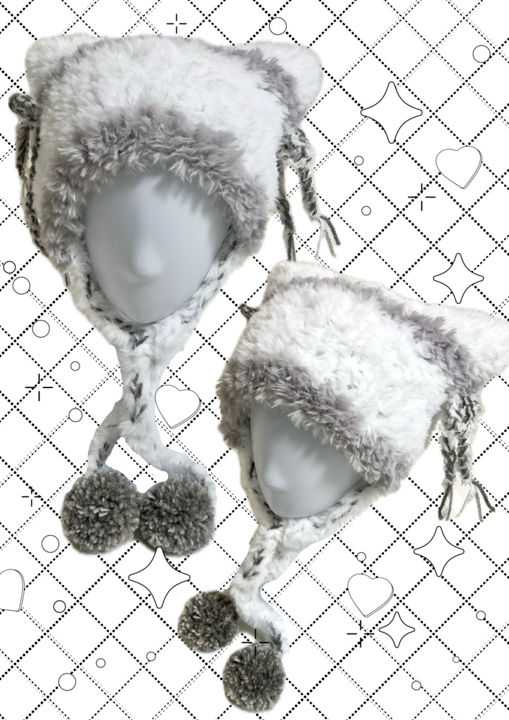 猫耳ニット帽【White×Gray】