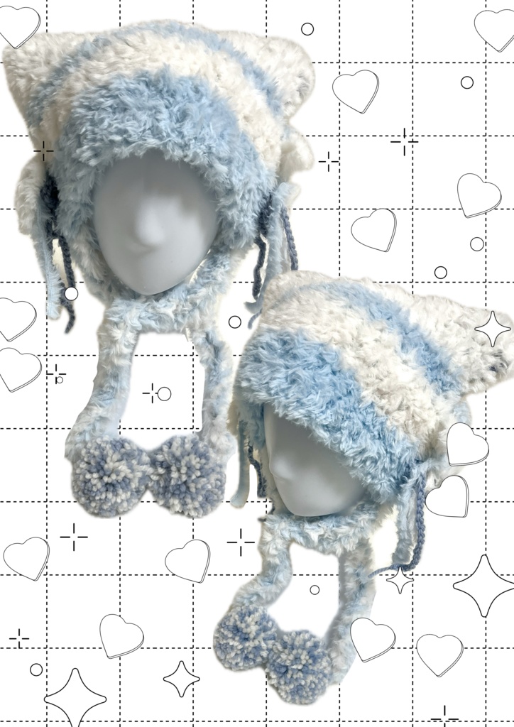 猫耳ニット帽【White×Light blue】