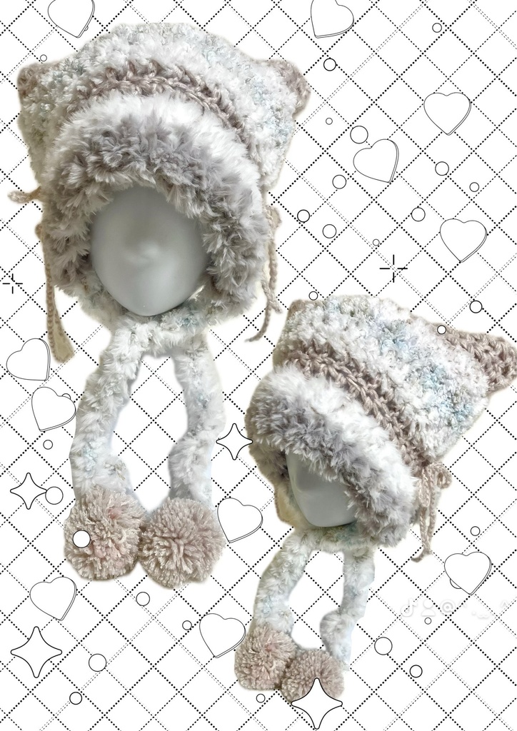 猫耳ニット帽【White×Pink】