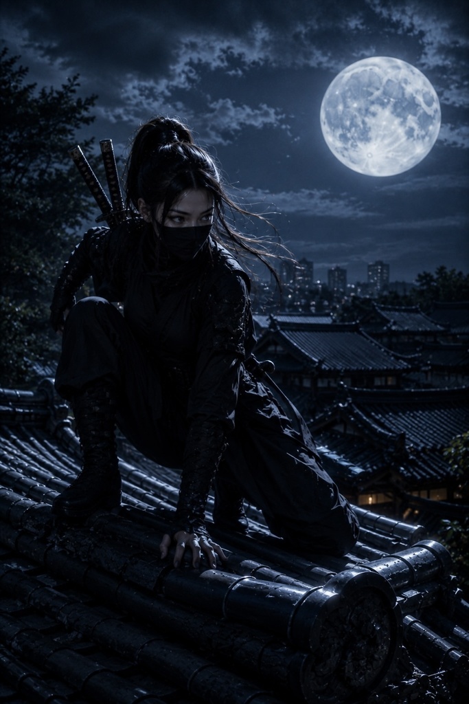 月夜に潜む影：忍装束の女忍者