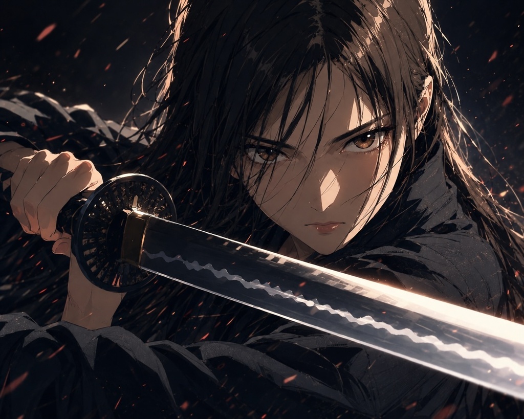 漆黒の女侍と抜刀 - シネマティック和風ダークファンタジー壁紙