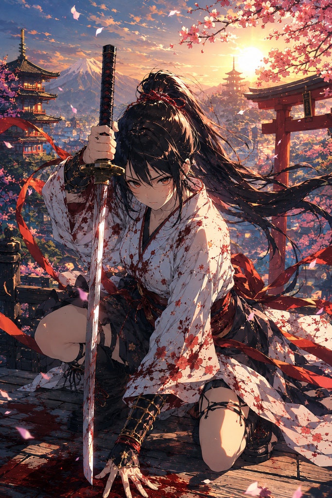夕刻の桜と返り血の女侍 - シネマティック和風ファンタジー壁紙