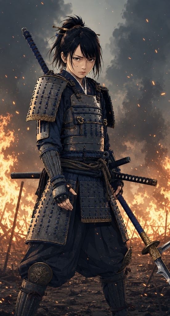 戦火の女武者と藍の甲冑 - シネマティック戦国和風壁紙
