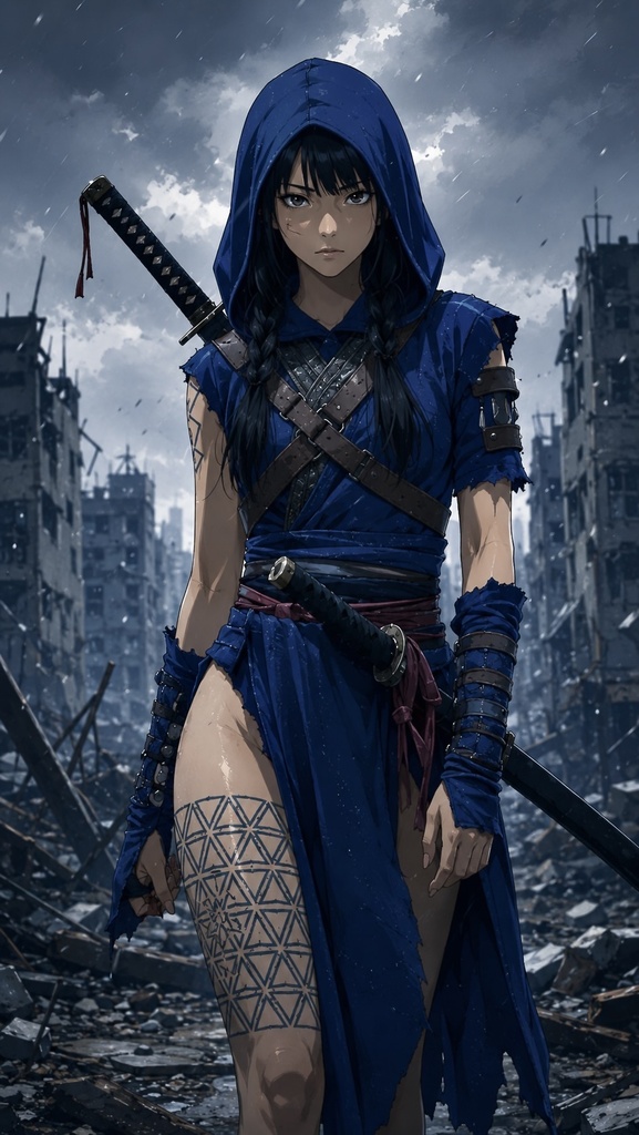 廃墟のフード女侍と青い影 - シネマティック・ダークファンタジー壁紙