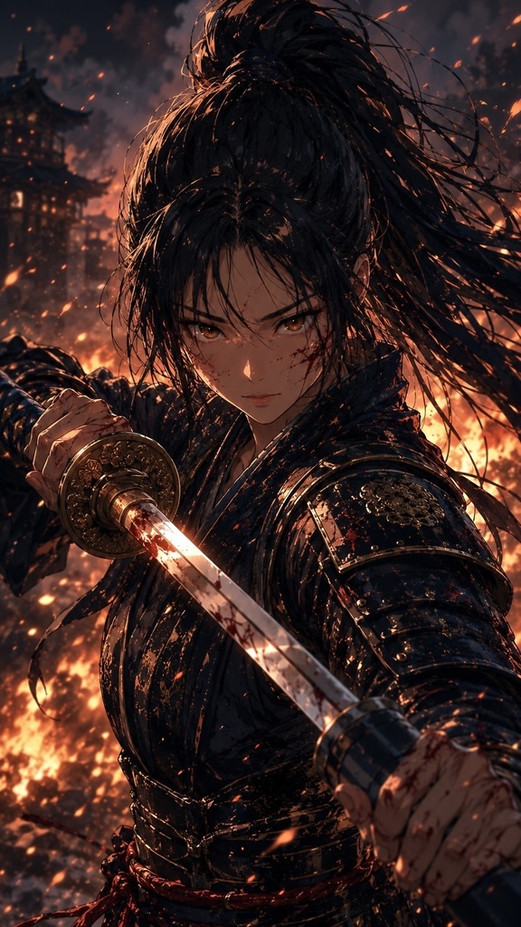 戦火の黒甲冑女侍 - シネマティック和風ダークファンタジー壁紙