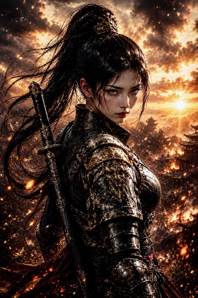 【無料/Free Wallpaper】黄昏の戦場と黒金甲冑の女侍 - シネマティック和風ダークファンタジー壁紙
