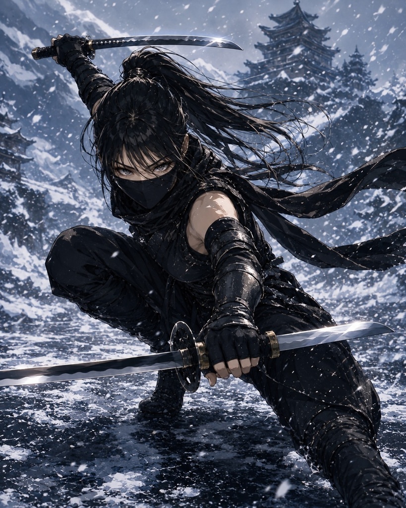 雪山城の黒衣くノ一 - シネマティック和風ダークファンタジー壁紙 (女忍者)