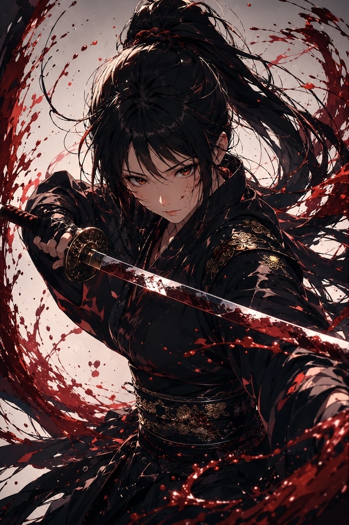 墨渦巻く戦場の紅眼くノ一 - シネマティック和風ダークファンタジー壁紙 (女忍者)