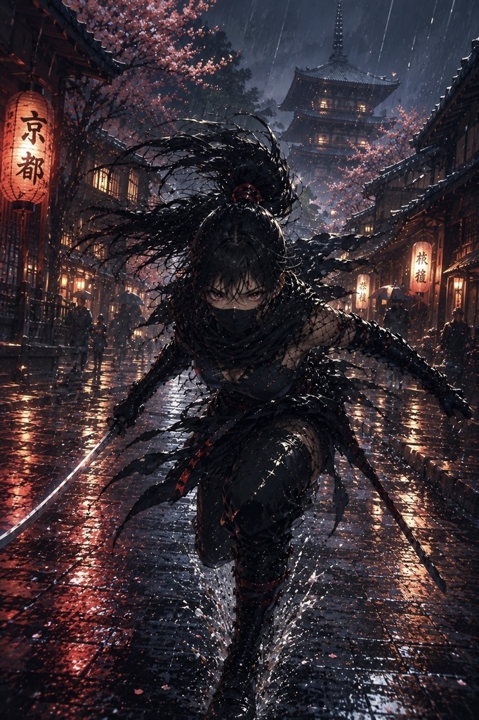 墨渦巻く戦場の紅眼くノ一 - シネマティック和風ダークファンタジー壁紙 (女忍者)
