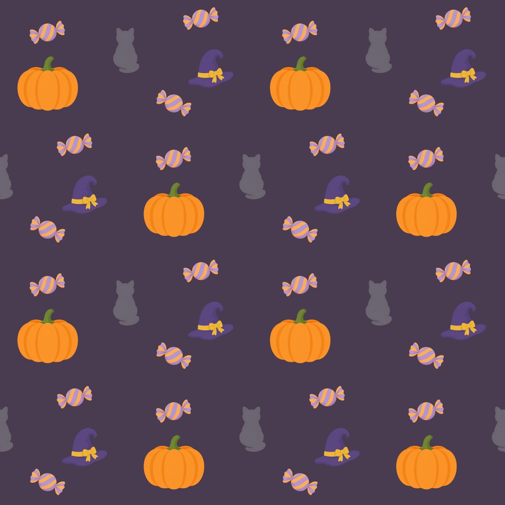 【商用利用可】ほっこりハロウィンのシームレスパターン デジタルペーパー10色セット|カボチャ・黒猫・魔女の帽子