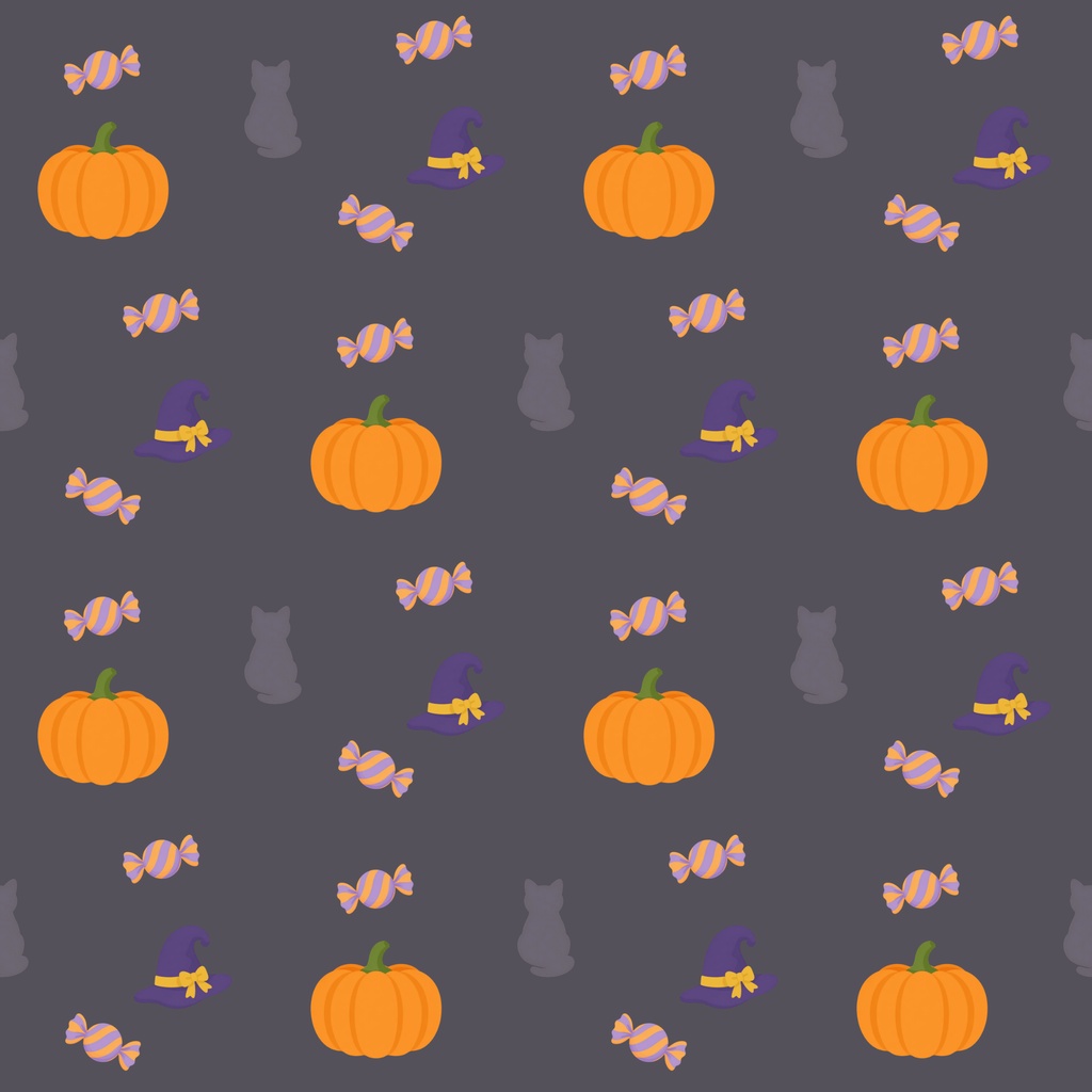 【商用利用可】ほっこりハロウィンのシームレスパターン デジタルペーパー10色セット|カボチャ・黒猫・魔女の帽子