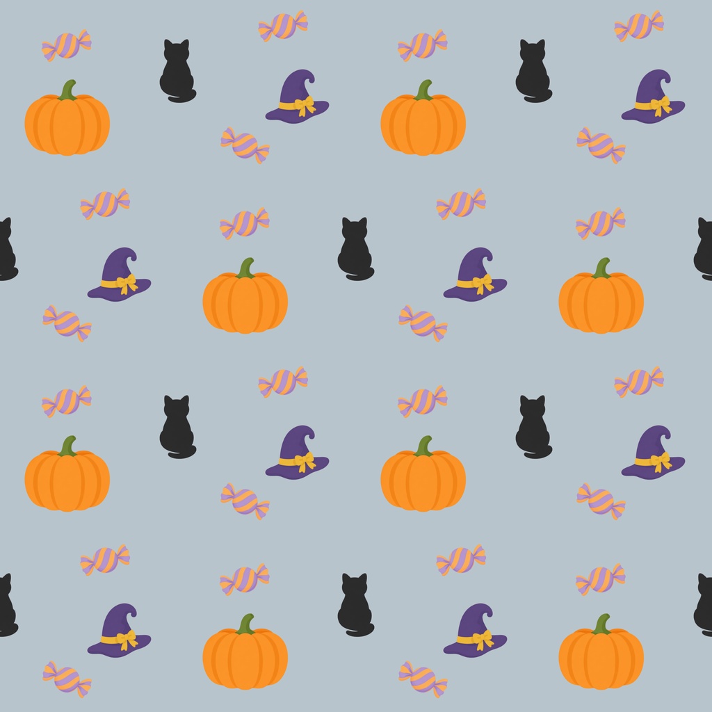 【商用利用可】ほっこりハロウィンのシームレスパターン デジタルペーパー10色セット|カボチャ・黒猫・魔女の帽子